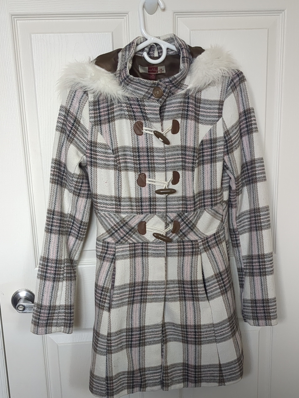 Ashley By 26 International Cream and Pink Plaid Toggle Pea Coat